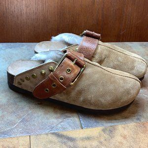 Lucky Brand Womens Brown Leather Faux Fur Round Toe Slip On Clog Shoes Size 7
